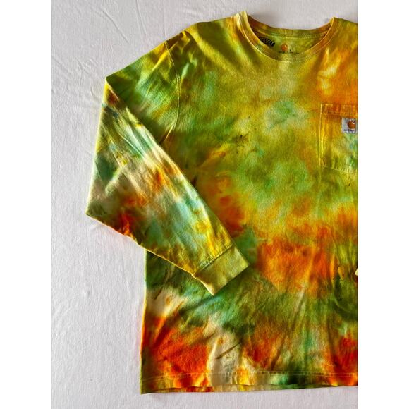 Ice Dyed Carhartt Long Sleeve T-Shirt Lime Green Orange Yellow Large L - Picture 2 of 11